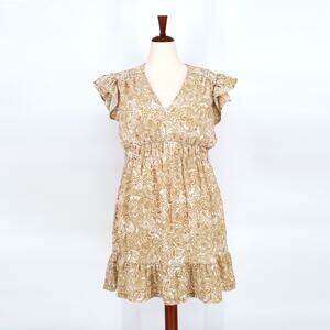 Michael Kors Women Beige Paisley Boho Flutter-Sleeve Ruffle Mini Dress Size L